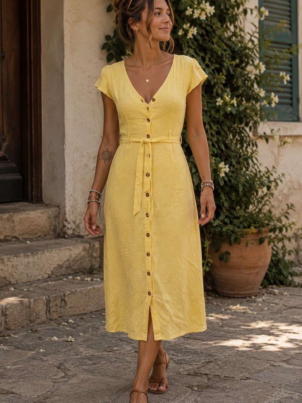 Suzy Shier Yellow Button Down Midi‎ Dress Retro Cottagecore Soft Girl
